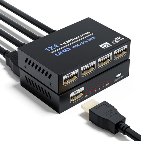 HDMI Splitter 1 in 4 Out 4K 30Hz, BolAAzuL HDMI Duplicator Adapter - 1 to 4 Output Simultaneously- for 4 Displays, Support Full HD 1080P 3D HDCP 1...