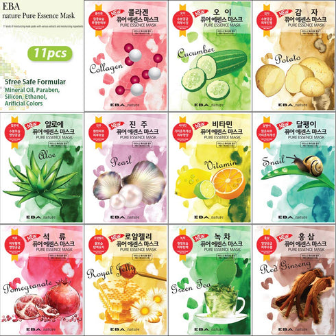 11 pcs Pure Essence Facial Mask Sheet of (11 Types x 1 pcs), Korean Face Mask Sheets for Skincare, Cleansing, Moisturizing, Elasticity...