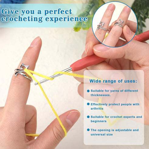 FOUSNOW 5 Pcs Crochet Ring, Adjustable Knitting Tension Rings, Finger Loop, Cat Yarn Guide Knitting Thimble, Faster Knitting Crochet Accessories f...
