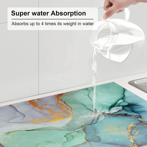 Teal Marble Golden Swirls Pattern Dish Drying Mats For Kitchen Counter Microfiber Absorbent dish Mat Xl Reversible Drying Mats For Countertop 18 I...