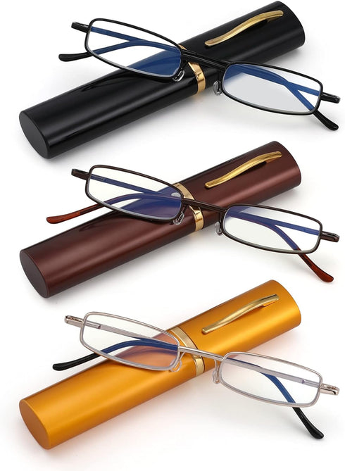 3 Pack Slim Pocket Reading Glasses for Men Women Blue Light Blocking Compact Readers Spring Hinge Metal Frame Eyeglasses with Portable Pen Clip Tu...