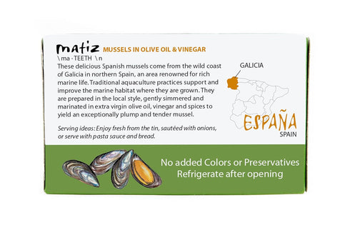 Matiz España Mussels in Extra Virgin Olive Oil & Apple Cider Vinegar | 3.92 oz. - 1 Pack | Handcrafted in Galicia, Spain | Sustainably Cultivated ...