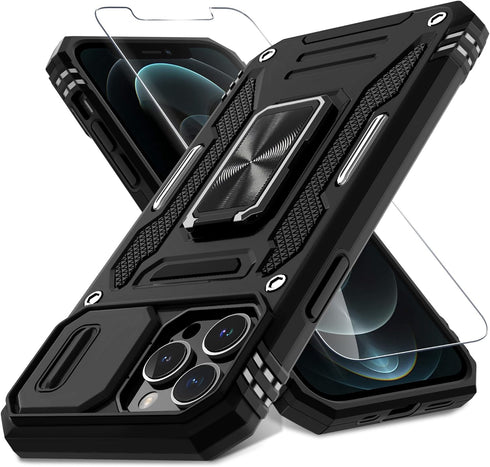 DEERLAMN for iPhone 12 Pro Max Case with Slide Camera Cover+Screen Protector(1 Pack),Rotated Ring Kickstand Military Grade Shockproof Protective C...