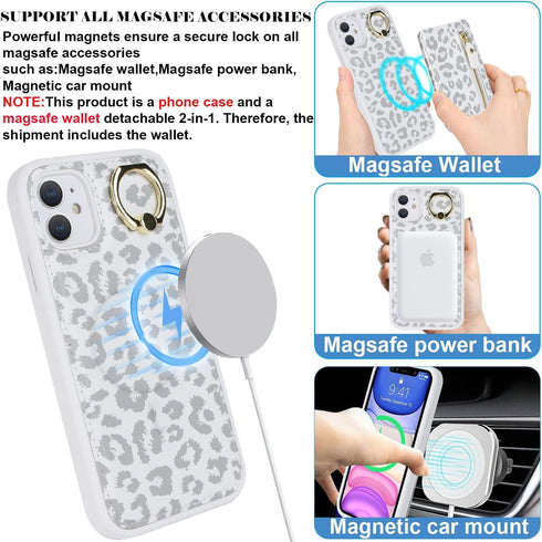 iPhone 12 pro case with Card Holder, iPhone 12 Phone Case Wallet for Women magsafe Compatible Wallet Detachable 2-in-1 for Men-White Leopard......