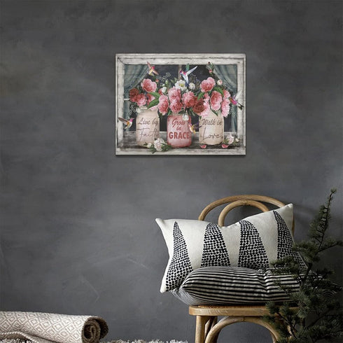 Farmhouse Canvas Wall Art Rusitc Pink Rose Wall Decor Flower Mason Jar Hummingbird Pictures Painting Prints Framed Decor Country Home Artwork for ...