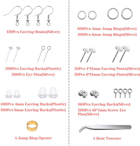 Hypoallergenic Earring Making Kit, Thrilez 3080Pcs Earring Supplies Kit includes Earring Hooks, Earring Backs, Jump Rings, Eye Pins, Earring Posts...