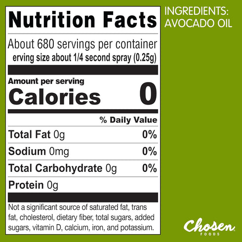 Chosen Foods 100% Pure Avocado Oil Spray, Keto and Paleo Diet Friendly, Kosher Cooking Spray for Baking, High-Heat Cooking and Frying (6 oz, 2 Pac...