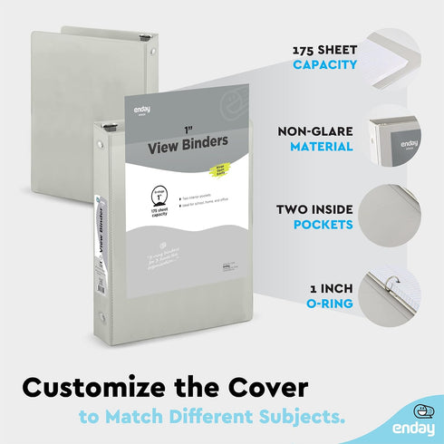 1 Inch 3 Ring Binder 1” Binder Grey Clear View Cover with 2 Inside Pockets, Colored School Supplies Office and Home Binders – by Enday...