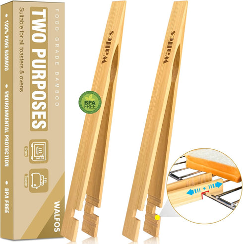 Walfos 2 Pieces Bamboo Toaster Tongs, 8 Inches Long Wood Tongs For Cooking, bamboo tongs with Anti-slip Design, Toast Tongs for Fruits, Bread & Pi...