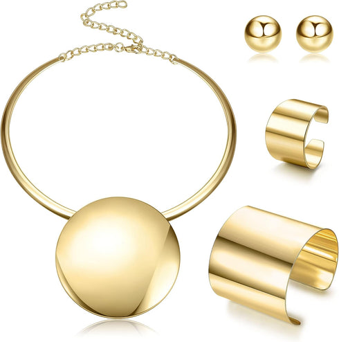 Sanfenly Statement Chunky Jewelry Set Choker Earrings Bracelet Ring Gold Silver Plated Round Pendant Necklace Nigerian Costume Party African Jewel...