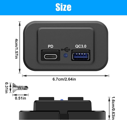 12V USB Outlet, Quick Charge 3.0 USB-A Port and USBC Port, 12V 24V Input Surface Mount RV USB Outlet, for RV Marine Motorcycle Truck Golf Cart......