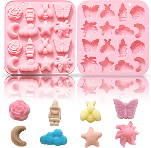 Pastoral Style Silicone Chocolate Mold,16 Cavity Butterfly Bee Flower Moon Star Cloud Handmade Gummy Mold Baking Tool for Candy,Jelly,Soap,Cookie,...