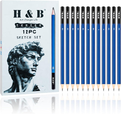 H & B 12 PCS Pencil Drawing Kit, H-4H, F, HB, B-6B Graphite and Charcoal Sketch Pencil Set for Beginners, Professional Artists...