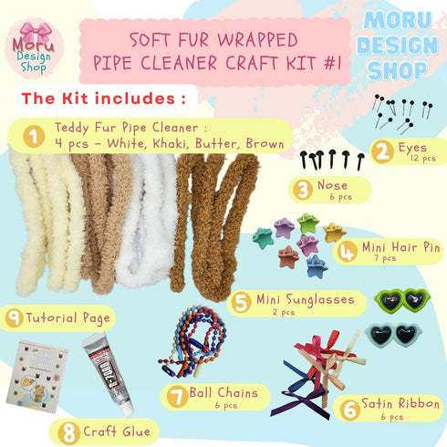 Moru Fur Pipe Cleaner Craft Kit #1, Soft, thick, long Teddy fur-wrapped stem wire for DIY art & craft. with decorative accessories (Eyes/Nose/Ribb...