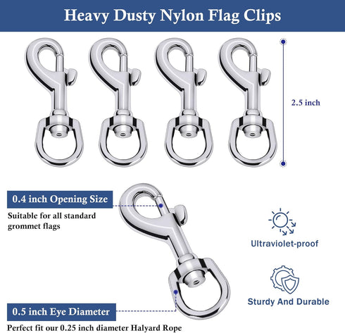 NQ Flag Pole Rope Line Kit-50FT x 1/4"Diameter Nylon Flag Pole Halyard Rope with 4 Pcs Swivel Snap Clips Hooks Fits Flagpole Up to 25FT, Outdoor F...