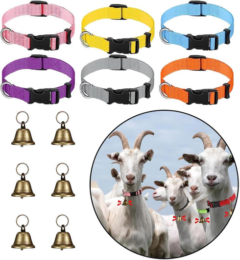 6 Sets Goat Collars with Bells Horse Sheep Grazing Bells Adjustable Nylon Dog Bell Collar with Quick Release Buckle Anti Lost Pet Collar with Copp...