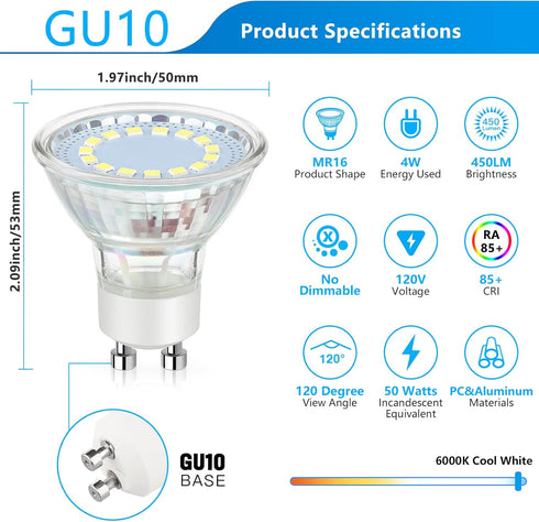 GU10 LED Light Bulbs, 50 Watt Halogen Equivalent, 6000K Cool White, Non-Dimmable, 450LM, 4W Replacement Recessed Track Lighting, 5-Pack...