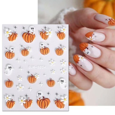 JMEOWIO 3D Embossed Halloween Nail Art Stickers Decals Self-Adhesive Pegatinas Uñas 5D Cute Pumpkin Ghost Flower Spook Nail Supplies Nail Art Desi...