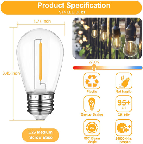 Mlambert LED String Light Bulbs,Shatterproof Outdoor String S14 Replacement Light Bulb,Waterproof 1W LED Edison Bulb Equal to 11W,15 Pack,Not Sola...