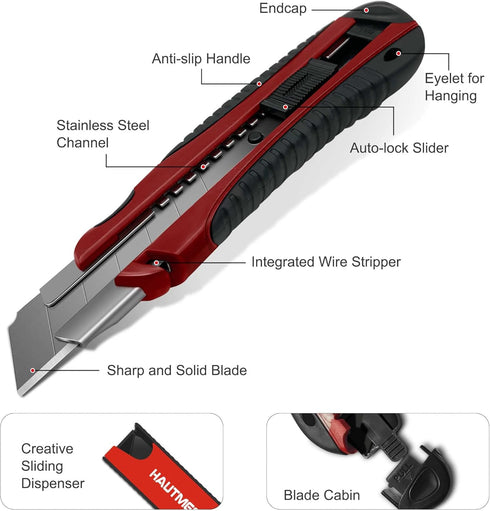HAUTMEC 25mm Pro Heavy Duty Utility Knife Box Cutter with Extra 10PCS Rust Proof SK2H Black Sharp Blades, Autolock Slider, Sturdy Body for Industr...