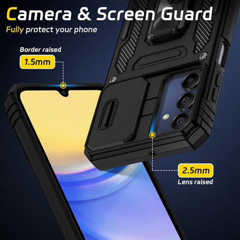 for Samsung Galaxy A15-5G Phone Case with Tempered Glass Screen Protector+Slide Camera Cover, with Magnetic Kickstand Galaxy A15 5G Case, Samsung ...