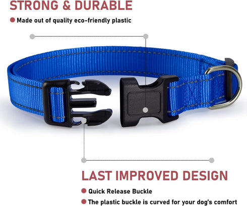 Reflective Dog Collar with Buckle Adjustable Safety Nylon Collars for Small Medium Large Dogs, Navy Blue L...