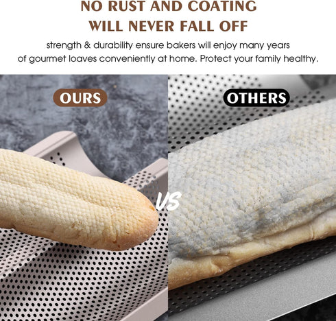 Baguette Pan French Bread Pans For Baking Pans, Nonstick 2 Slots Perforated Italian Loaf Pan Mold Long French Bread Pan Golden...