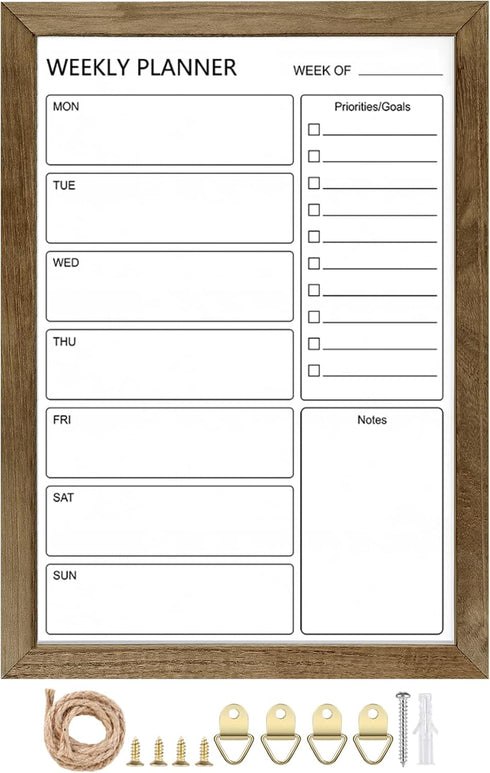 Dry Erase White Board &Weekly Calendar Board, Magnetic Whiteboard for Wall,10.5“x14.5" Solid Wood Rustic Brown Framed Message Board, Planner Board...