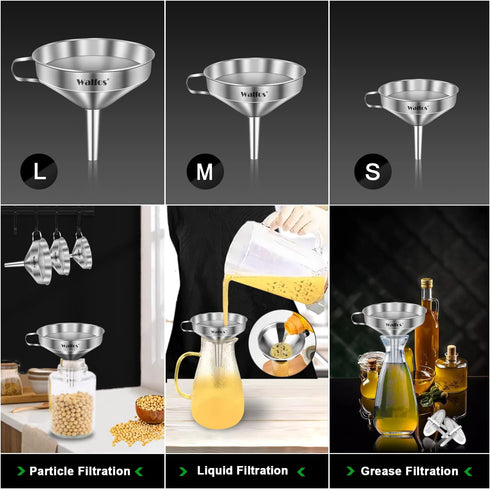 Stainless Steel Funnel, Walfos 3 Pack Kitchen Funnel with 2 Removable Strainer ? 1Pcs Cleaning Brush, Perfect for Transferring of Liquid, Oils, Ja...