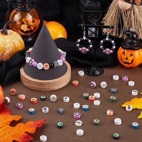 1 Box 300Pcs Halloween Clay Bead Polymer Clay Beads Holiday Pumpkin Ghost Spider Bat Heishi Spacer Beads for Jewelry Making Supplies Bead Assortme...