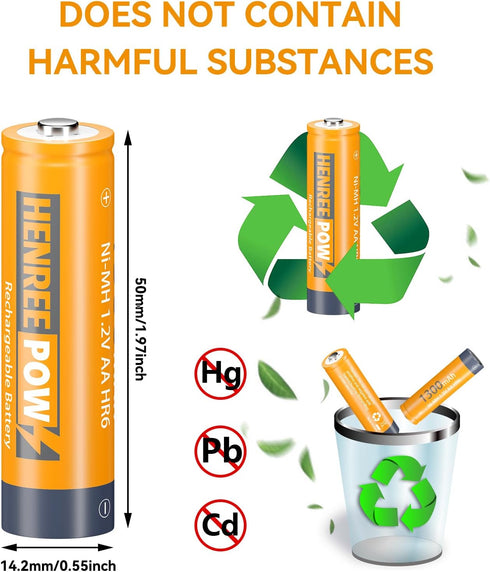 Henreepow AA Rechargeable Batteries for Solar Lights Ni-MH AA Solar Battery Pre-Charged 1.2V 1300mAh Long Lasting Performance (AA-1300mAh-12pack)...