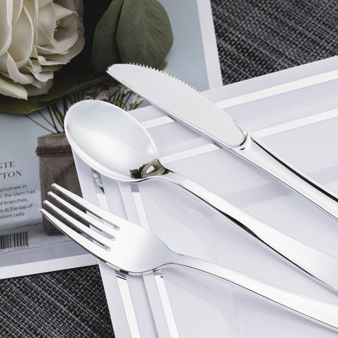 N9R 200pcs Plastic Silverware Set, Silver Plastic Cutlery Including 100pcs Forks, 50pcs Spoons, 50pcs Knives, Disposable Silverware for Party/Ever...