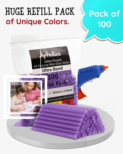 Artellius - Purple Glitter Hot Glue Sticks 4" x.27" (100 Bulk Pack) - Ultra Bond Hot Melt Adhesive Mini Glue Sticks for All temperature Glue Guns...