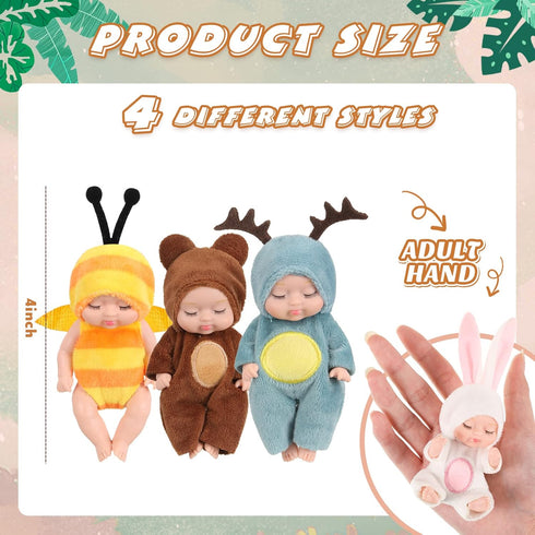 Hanaive 4 Pcs 4 Inch Mini Baby Dolls Lifelike Realistic Baby Dolls Animal Clothes Cute Tiny Babies Gifts for Kids Birthday Baby Shower (Cute Style...