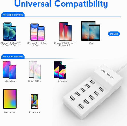 USB Charger Station Block with Rapid Charging Auto Detect Technology Safety Guaranteed 10-Port Family-Sized Smart USB Ports for Multiple Devices S...