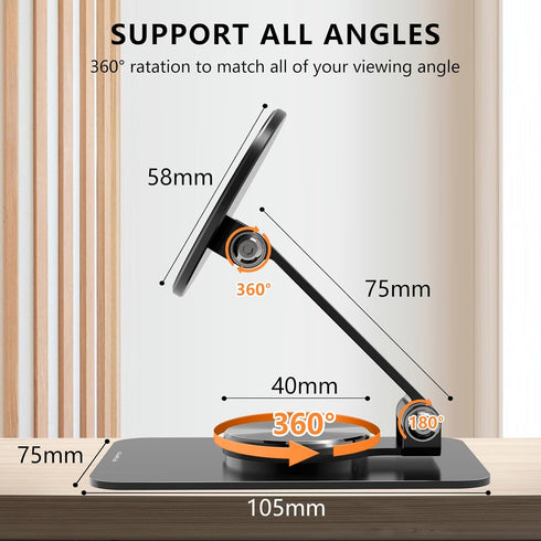 Magnetic Phone Stand Compatible with MagSafe, Foldable Phone Stand for Desk with 360°Rotation Base, Aluminum Cell Phone Stand Compatible for MagSa...