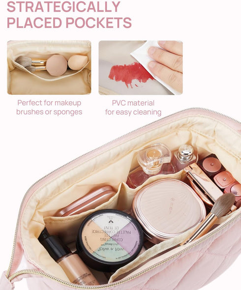 Telena Puffer Makeup Bags for Women, Nylon Puffy Padded Make Up Bags for Women Makeup Organizer Case, Wide-open Makeup Pouch Travel Essentials...