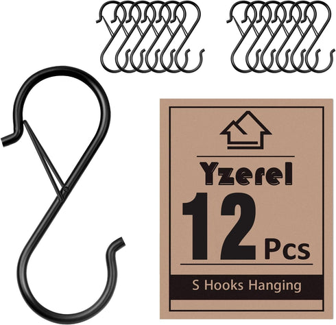 12Pcs S Hooks Hanging Safety Buckle - 3.5 inch Heavy Duty S Hooks,Hanging Plants for Closet Hooks, Clothes, Kitchen Utensil, Pots and Pans, Bags (...
