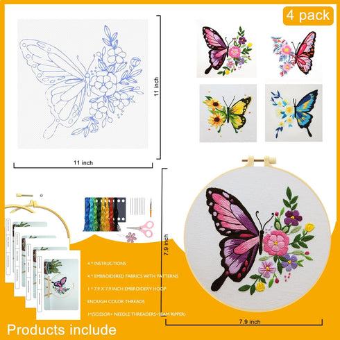Generic 4 Sets Embroidery Kit for Beginners Adults Cross Stitch Starter Kits DIY Embroidery Kits with Patterns and Instructions Hoops Needles Thre...