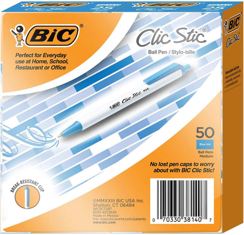 BIC Clic Stic Retractable Ballpoint Pen, Medium Point 1.0mm - 50 Count (Blue)...