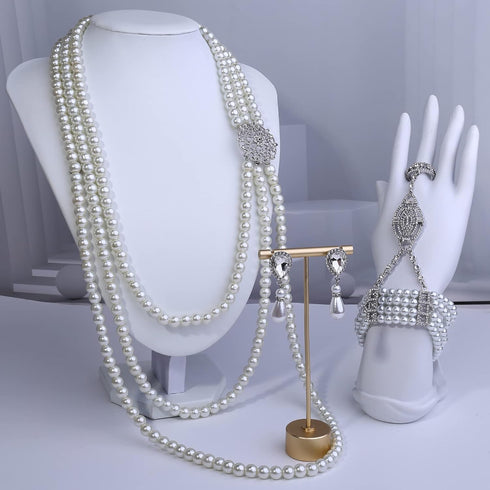HAIAISO 1920s Art Deco Faux Pearls Necklace Fashion Dangle Pearl Earrings Flapper Bracelet Ring Set 20s Costume Party Accessories Vintage Wedding ...