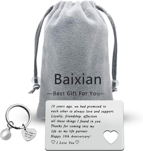 Baixian 10th Anniversary Engraved Wallet Insert Card for Husband Wife Wedding Gifts Mini Love Note Gifts for Women Men Happy 10th Anniversary Pres...