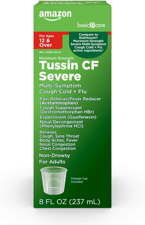 Amazon Basic Care Tussin Severe CF Max Syrup, Multi-Symptom Cough, Cold and Flu Liquid Medicine, Non-Drowsy, Relieves Cough, Sore Throat, Body Ach...
