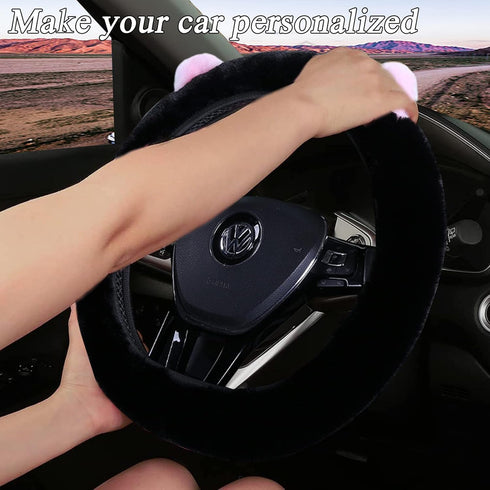Cartoon Cute Fluffy Steering Wheel Cover for Women Girls,JXJKMMN Furry Ear Steering Wheel Cover Winter Warm Fuzzy Car Steering Wheel Cover Lovely ...