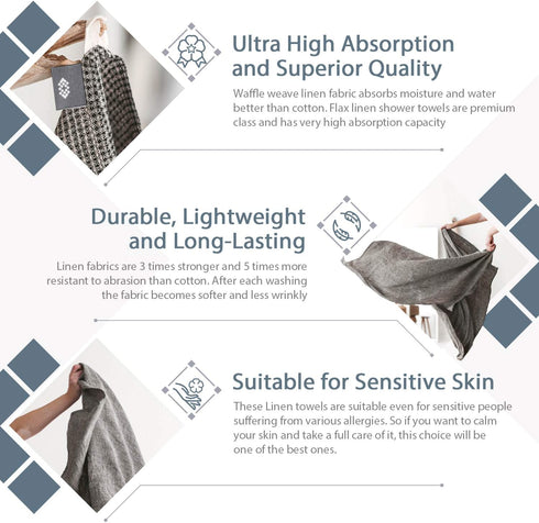 Pure 100% Linen Hand Towels - Set of 2 Linen Kitchen Towels Waffle Weave Black-Natural - 13 x 29-inch Soft Lightweight Stone-Washed Dish Towels - ...