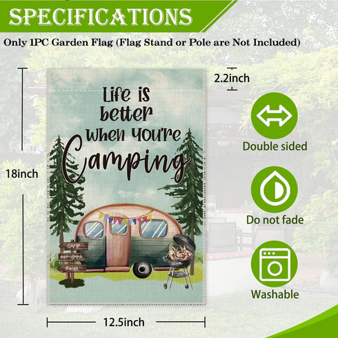 Life is Better When You're Camping Garden Flag, 12 x 18 Inch Double Sided Holiday Yard Outdoor Farmhouse Lawn Decor Flag, RV BBQ Campground Campin...