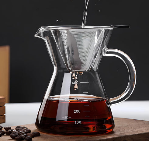 Pour Over Coffee Maker with Reusable Stainless Steel Drip Filter, Glass Drip Coffee Maker Set, Lead-Free Borosilicate Glass Coffee Carafe for 1-2C...