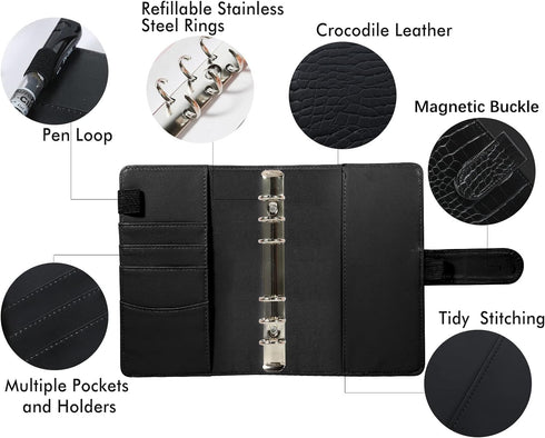 A6 6 Ring Budget Binder - Crocodile Pattern Leather Notebook Binder, Small Refillable Planner Cover with Magnetic Buckle, Black...