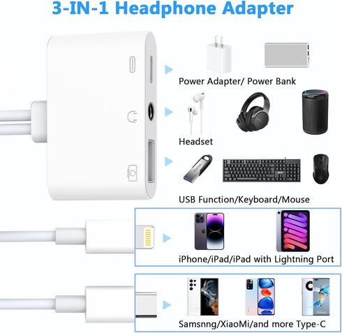 Multi Lightning + USB C to USB Adapter,3 in 1 USB OTG Adapter+3.5mm Audio Headphone Jack Adapter+Fast Charging Port, Phone Splitter Compatible wit...