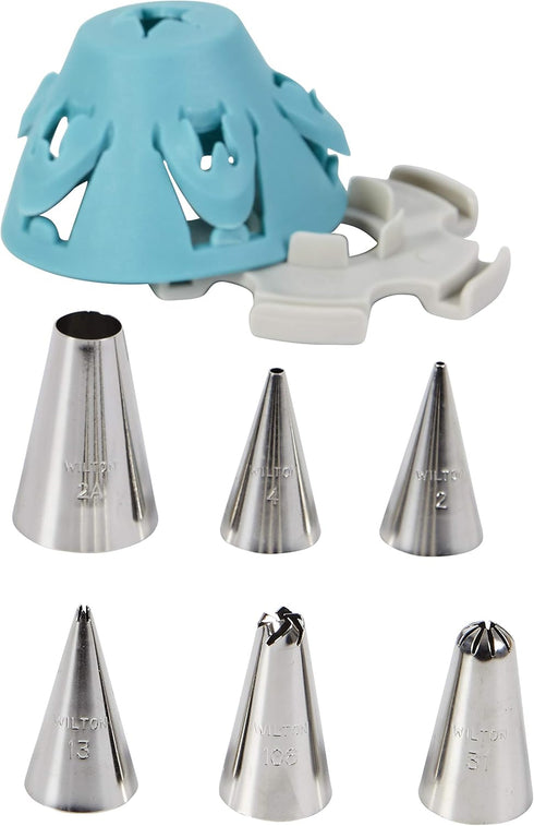 Wilton Biscuit/Cookie Piping Tip Set with Silicone Stand, Turquoise, 7 Piece...